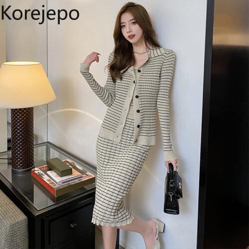 Korejepo Women 3 Piece Set 2021 Autumn Korean Chic Sweet Retro Gentle Striped Suit Vest Cardigan Skirt Three-piece Knitted Skirt