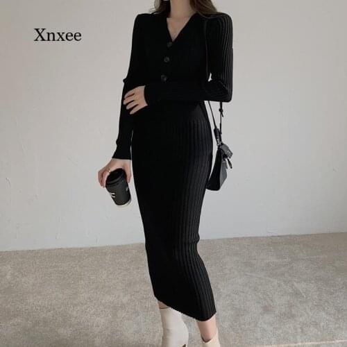 Sweater Knitted Dress Ladies Winter Leisure Button V-Neck Slim Long-Sleeved Knitted Hip Sweater Dress