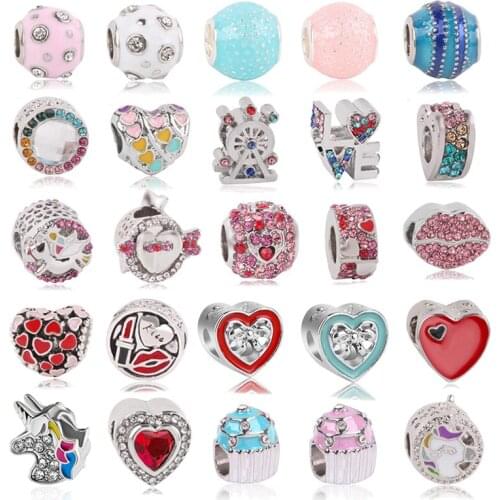 1pc 45 Styles Crystal Rainbow of Love & Heart Charms Beads Fit Brand Charm Bracelets for Women Valentines Day Jewelry Making