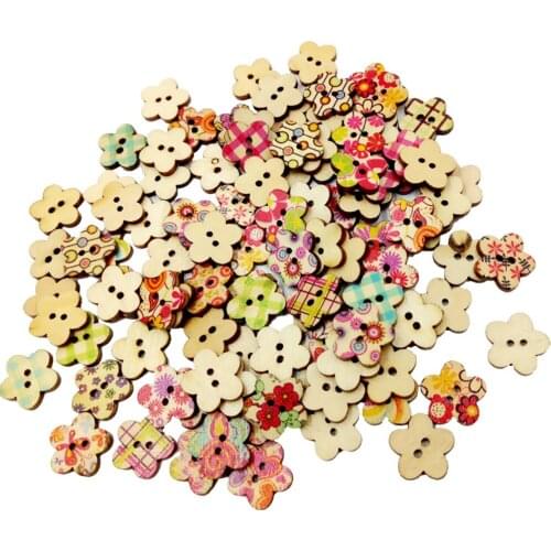 100 Pieces Assorted Flower Shaped 2 Holes Wooden Buttons for Sewing Crafting Scrapbooking DIY