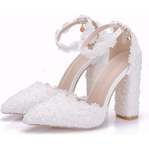 2019 Fashion Women Pumps Shoes Dress Breathable Hollow Buckle Strap Pointed Toe Square heel 10.5CM High Heels Wedding Shoes