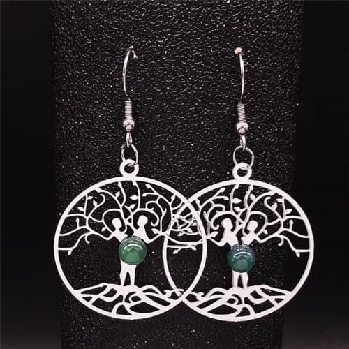 2021 Tree of Life Green Natural Stone Stainless Steel Drop Earring for Women Round Boho Jewelry boucle doreille femme E8007S04