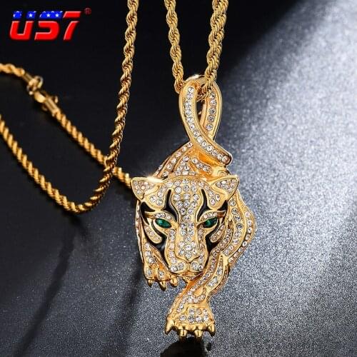 US7 Iced out Gold Green Eye Tiger Shape Pendant Necklace with 4mm Rope Chain for Men Women Hip hop Animal Jewelry Gifts