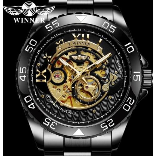 WINNER Automatic Mechanical Men Wristwatch Military Army Sport Male Clock Top Brand Luxury Black Skeleton Man Watch Gift 8193