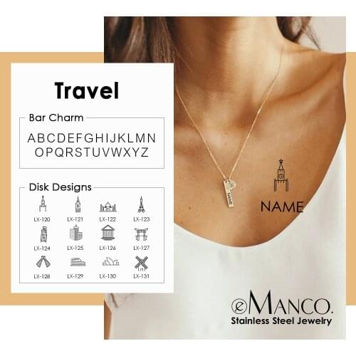 EManco Travel Souvenirs Pendant Necklace 316L Stainless Steel Female Gold Charm Engrave Colosseum Shrine Jewelry Gifts for Women