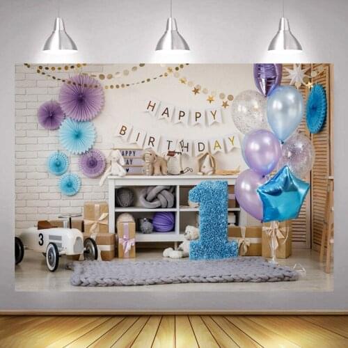 Blue 1st Photo Backdrop Boys Newborn Baby Happy Birthday Party Prince Balloon Decoration Princess Photography Backgrounds Banner