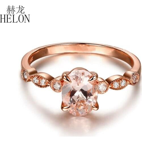 HELON Solid 14K Rose Gold Flawless Oval Cut 6x8mm Morganite Diamonds Engagement Ring Women Antique Vintage Trendy Fine Jewelry