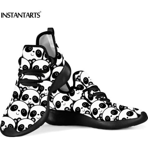 INSTANTARTS Kawaii Cartoon Animal Panda Printing Flats Mens Casual Mesh Sneakers Flying Woven Shoes for Male Boy Summer Loafers
