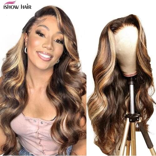 Ishow Highlight HD Transparent Lace Frontal Wig For Women Human Hair Wigs Pre Plucked P4/27 Body Wave 13X4 Lace Front Wig