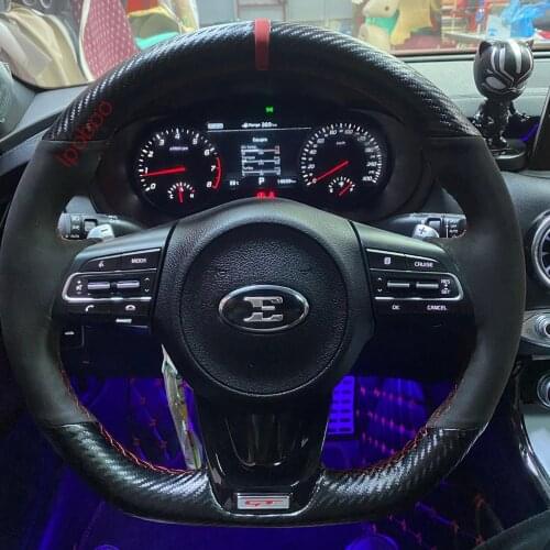 Matte Carbon Fiber & Black Synthetic Suede Leather Red Stitching Steering Wheel on Wrap Cover For Kia Stinger 2017 -2020