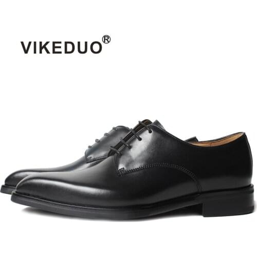 VIKEDUO New Full Grain Leather Derby Zapato de Hombre Plain Black Square Toe Men Shoes Calf Skin Wedding Office Mans Footwear