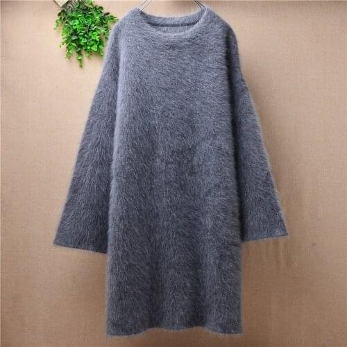 Autumn winter women new O-neck mink cashmere knitted long dress casual female base thick knit sweater women pullover Gery color