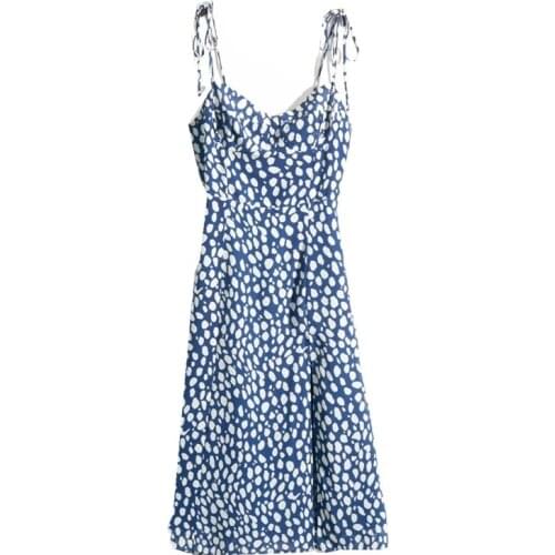 2020 French Style Blue White Dot Print Adjust Spaghetti Strap Dress Retro Sexy Women Sling Slit Dresses Vestido