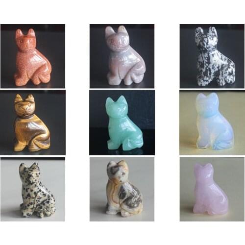 Hand Carved Mixed gemstone crystal sitting cat Figurine Animal Carving