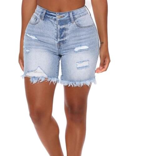 Ripped Jeans Shorts 2021 Summer Fashion Holes Tassel High Elastic Denim Shorts Women Sexy Skinny High Waist Washed Casual Short