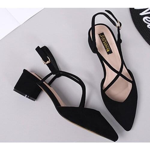 Cross band hollow cut out buckle gladiator sandals lady pointy toe shallow chunky heels sandalias luxury flock OL work shoes hot