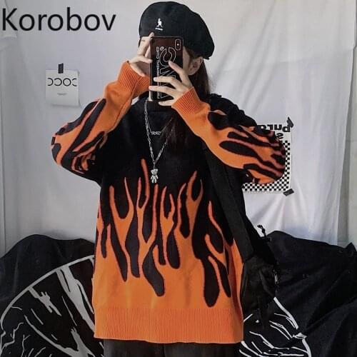 Korobov Harajuku Ulzzang Women Knitted Sweaters Korean Long Sleeve High Street Pullovers Vintage Fire Print Sueter Mujer