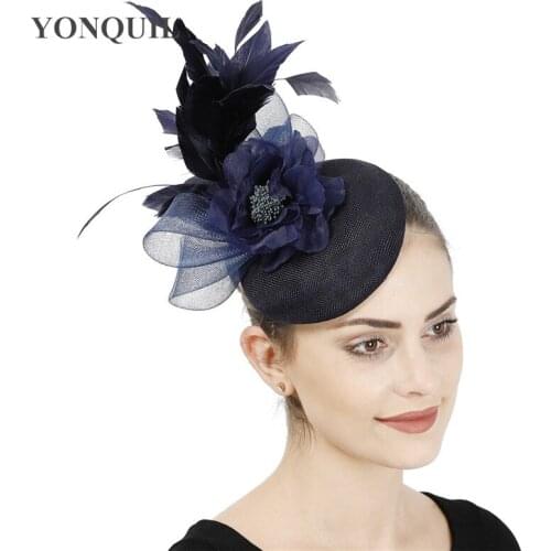 Imitation Sinamay Navy Vintage Fascinator Hat For Women Elegant Party Show Headwear With Fancy Feather Hair Accessories Headband