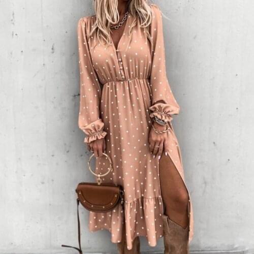 Autumn Winter Long Sleeve Vintage Dot Dress For Women Clothes Fashion Midi Dress Female Casual Side Slit Vestidos De Mujer