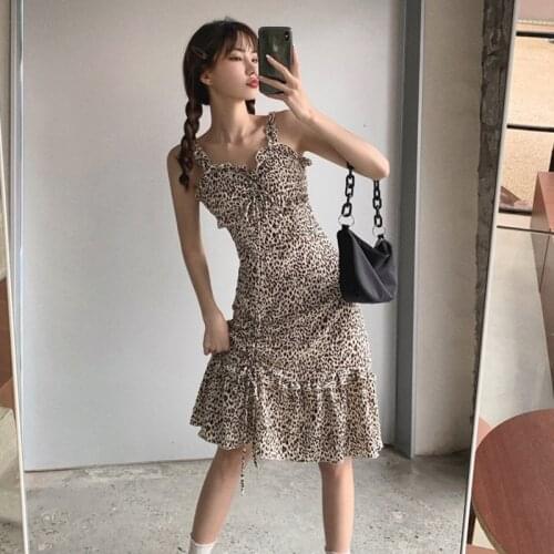 Fashion Summer Vintage Sexy Strap Sleeveless Midi Party Dress Ladies Elegant Streetwear Leopard Print Draw String Ruffle Dress