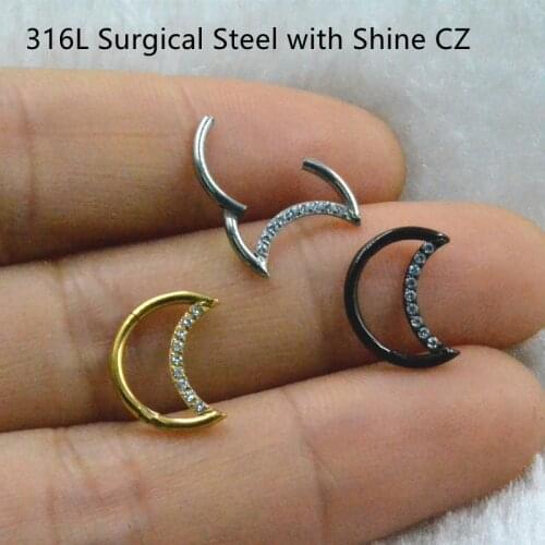 10pcs/Lot 316L Surgical Steel CZ Gems Nose Seamless Hinged Segment Ring Clicker Ear Cartilage Nose Hoop Septum Shine 16G