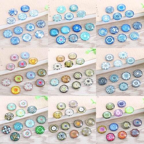 12-25mm Random Mixed Style Blue and white Porcelain color kaleidoscope Round Glass Cabochon Flatback Photo Base 50pcs