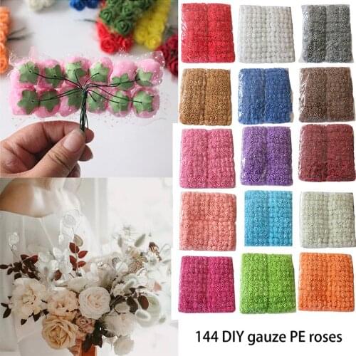 144 Pieces Roses With Yarn Can DIY Plastic Flowers Bridal Bouquets Garland Materials Artificial Flowers