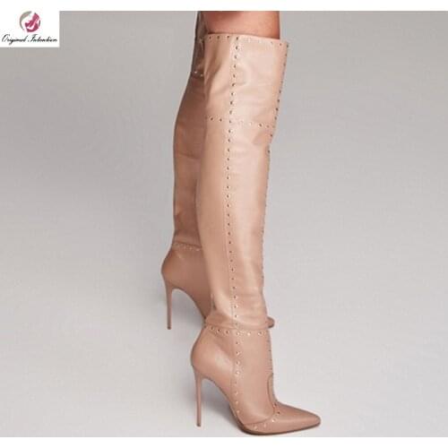 2021 Fashion Thigh High Boots Women Shoes Female Pointed Toe Rivet PU Leather Over The Knee Boots Winter Sexy Long Boots Size 47