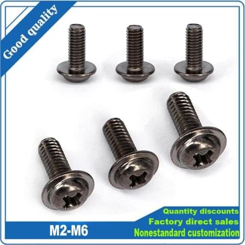 5/50pc Black Stainless Steel Cross Recessed Phillips Pan Truss Head With Washer Padded Collar Screw Bolt PWM M2 M2.5 M3 M4 M5 M6