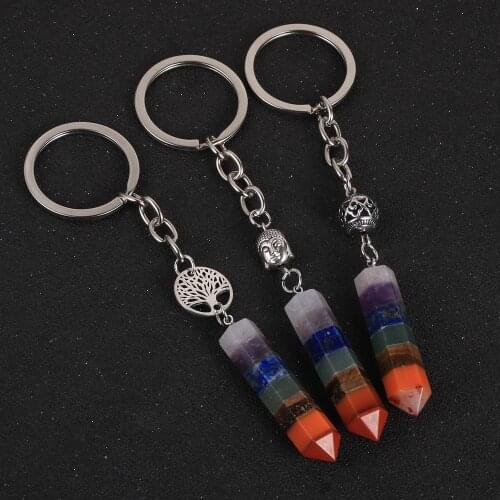 Natural Chakra Stone Alloy Tree Of LIfe Buddha Keychain Holder Reiki Healing Hexagonal Column Keyring Bag Charm Yoga Key Chain