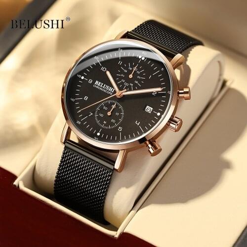 BELUSHI Mens Watch Luxury Men Stainless Steel Wristwatch Mens Military Big Dial Chronograph Quartz Watches relogio masculino