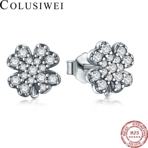 Colusiwei Luxury Exquisite CZ Jewelry Genuine 925 Sterling Silver Four Leaf Clover Charm Flower Stud Earrings For Women Gift