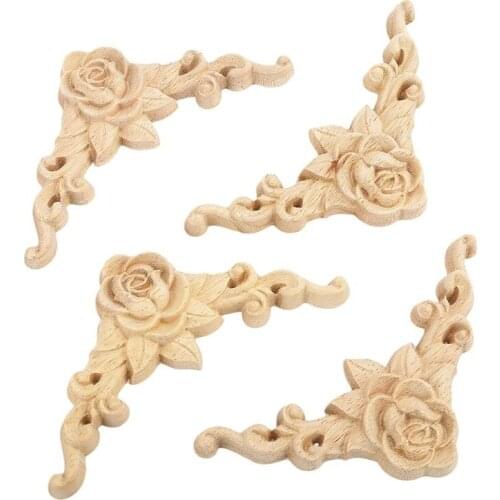 NHBR 4pcs Wood Carved Corner Onlay Applique Door Cabinet Rose Unpainted European Style 8*8cm