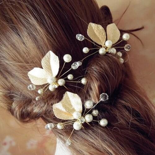 Womens Hair Clip Leaf Rhinestone Faux Pearls Hairpin Bridal Bobby Pin Jewelry