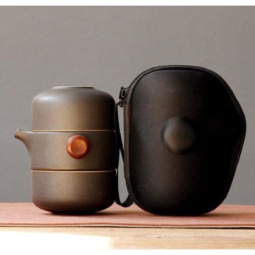 Japanese-Style Ceramic Teapot Lid Bowl Teacup Handmade Portable Travel Office Tea Set-Black