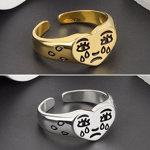 Retro Love Crying Face Open Ring For Women Simple Ancient Silver Color Cute Geometric Sad Tears Faces Adjustable Rings M4