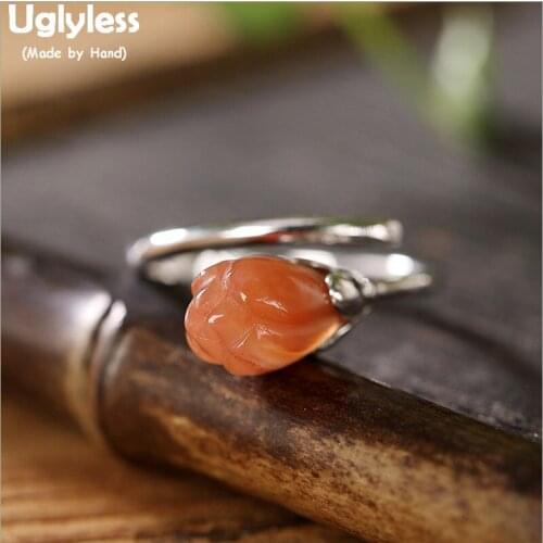 Uglyless Free Size Real Silver Open Rings for Women Young Pumpkin Color Agate Rings Real 925 Silver Magnolia Floral Jewelry R778