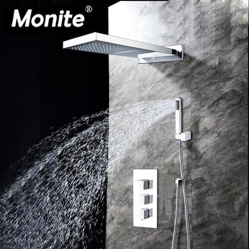 Monite 3 Function Square Head Shower Faucet Chrome Brass Made Shower Set 8 Inch Rainfall Shower Head Mixer Bathroom Faucet