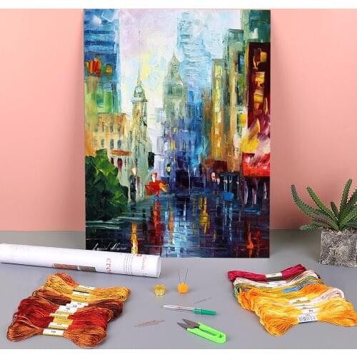 City After The Rain Pre-Printed 11CT Cross Stitch DIY Embroidery Kit DMC Threads Hobby Craft Painting Handicraft Design Mulina