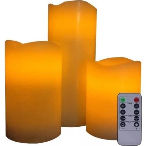 Pack of 3 Wavy edge Flameless Flickering LED Pillar Candle Remote controlled w/timer Paraffin Wedding Home Bar table Decor-AMBER