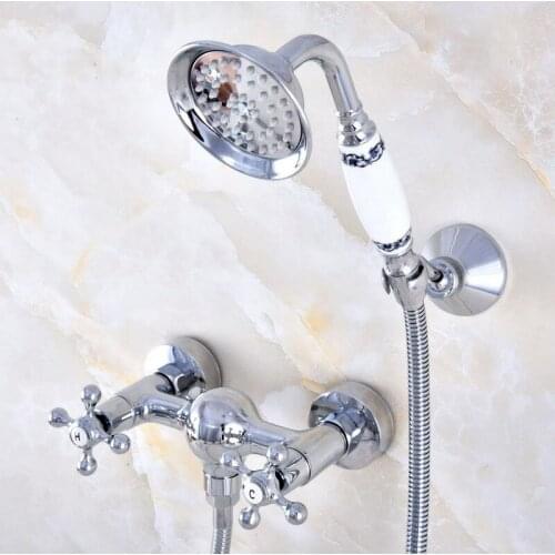 Wall Mount Polished Chrome Brass Bathroom Two Cross Handles Hand Shower Faucet Mixer Tap Set Telephone Shape Hand Spray ana768
