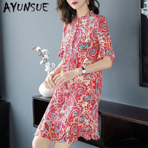 Real Silk Dress Women Summer Dress Korean Print Midi Beach Dress Red Vintage Party Dresses Woman Vestidos Mujer 19426 YY2698