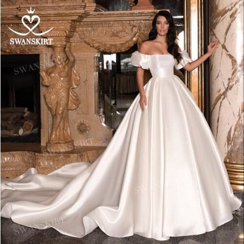 Fashion Satin Wedding Dress 2021 Open Back 2 In 1 Sleeve A-Line Vestido De Novia Princess SwanSarah F327 Plus Size Bridal Gown