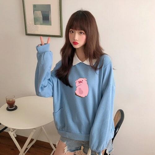 Pullover Kawaii Big Print Sweatshirt Cotton Harajuku Oversized Hoodie Long Sleeve Pocket Tops Green Turn-down Collar Swearshirt
