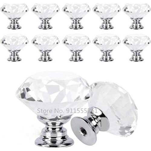 10Pcs/set 30mm Diamond Shape Design Crystal Glass Knobs Cupboard Drawer Pull Kitchen Cabinet Door Wardrobe Handles Hardware
