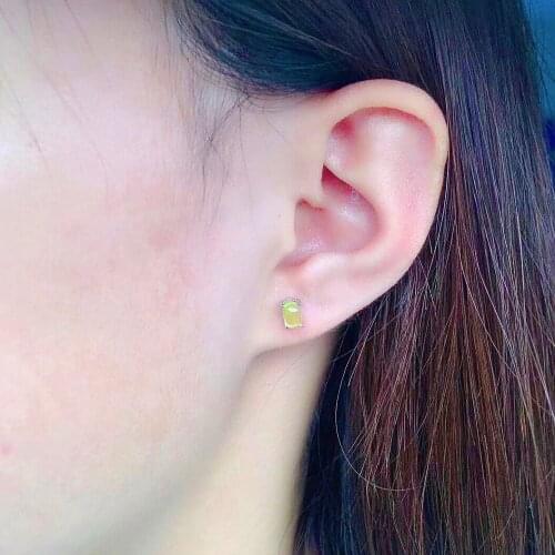 Simple 925 Silver Gemstone Stud Earrings 4mm*6mm Natural Yellow Prehnite Earrings Sterling Silver Prehnite Jewelry