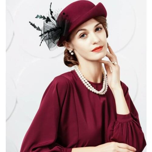 New Women Noble Hat Female Vintage Wine Red 100% Wool Fedoras Hat English Party Fashion Veil Cap M5103