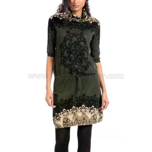 Espanhol ° primavera e no outono-gola alta de malha mid-vestido de manga