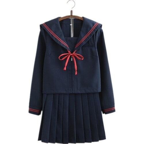 Japanese School Uniform Navy Sailor Suit Women Kansai Cosplay Costume Student Girls Class Clothes T-Shirt+Pleated Skirt+Red Rope