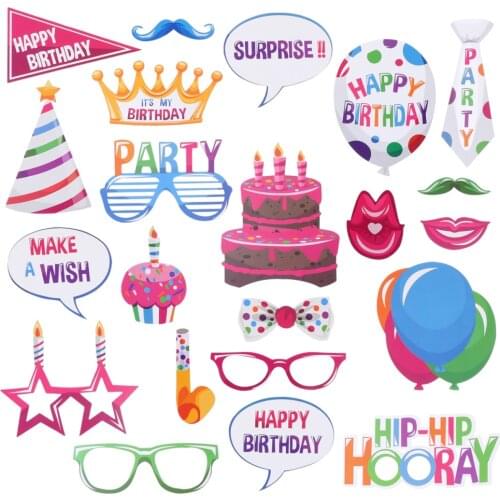 22PCS Funny Photo Booth Props HAPPY BIRTHDAY Party Supplies Hat Crown Photo Props Birthday Party Decoration
